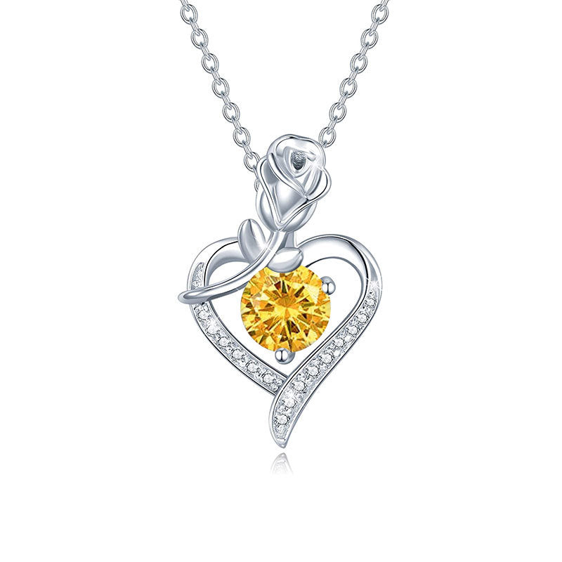 Sterling Silver Heart Rose Moissanite Pendant Necklace