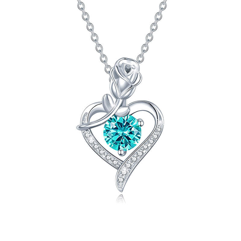 Sterling Silver Heart Rose Moissanite Pendant Necklace