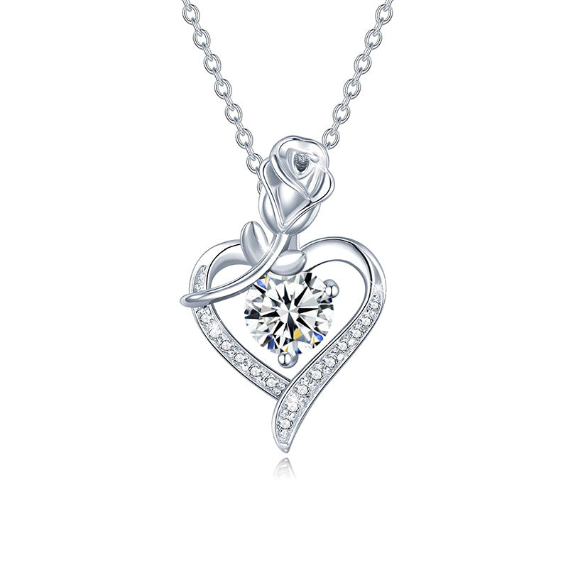 Sterling Silver Heart Rose Moissanite Pendant Necklace