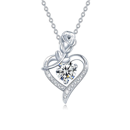 Sterling Silver Heart Rose Moissanite Pendant Necklace