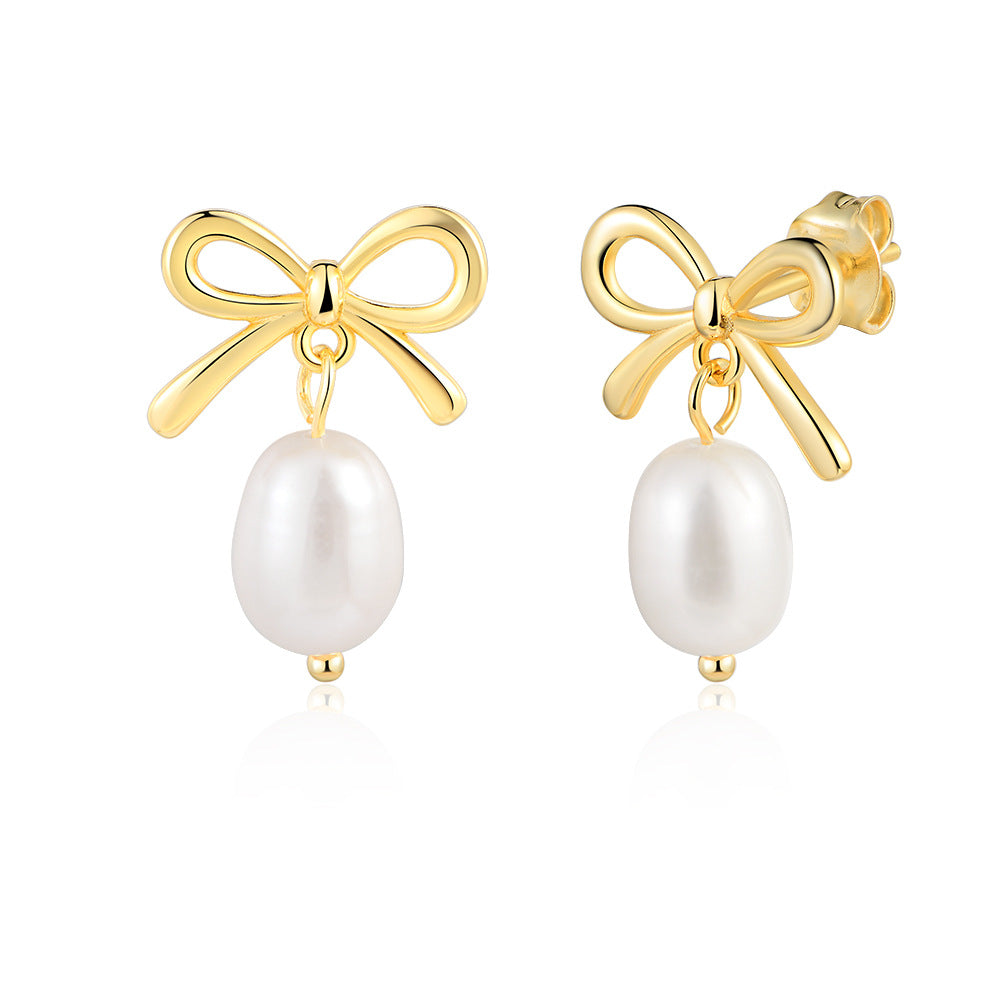 Sterling Silver Pearl Bow Earrings