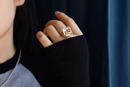 Sterling Silver Plated Ruby Crystal Geometric Ring Pendant
