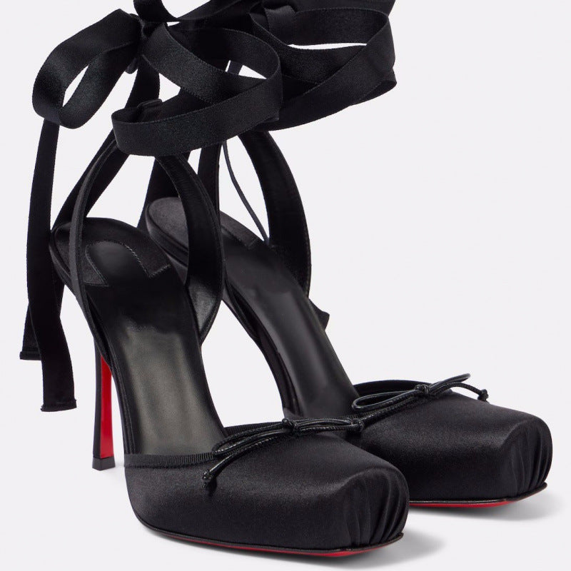 Stiletto Heel Square Toe Ankle Strap Satin Bow Sandals