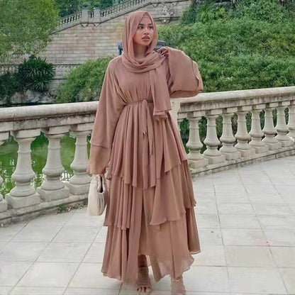 stitching three-layer chiffon elegant cardigan dress robe