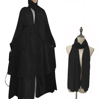 stitching three-layer chiffon elegant cardigan dress robe