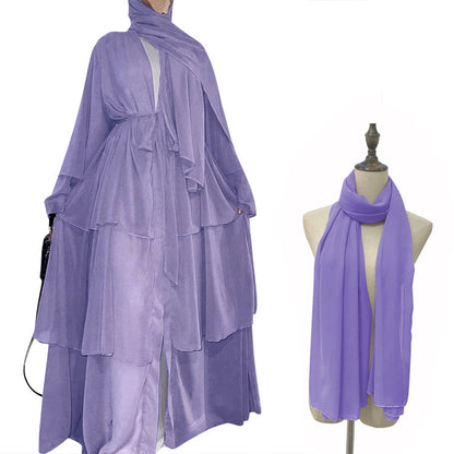 stitching three-layer chiffon elegant cardigan dress robe