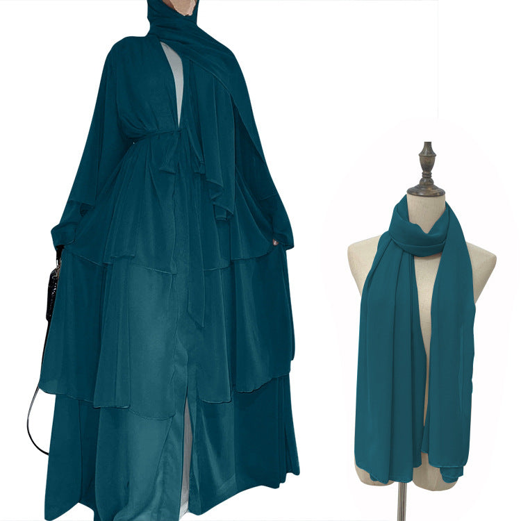 stitching three-layer chiffon elegant cardigan dress robe