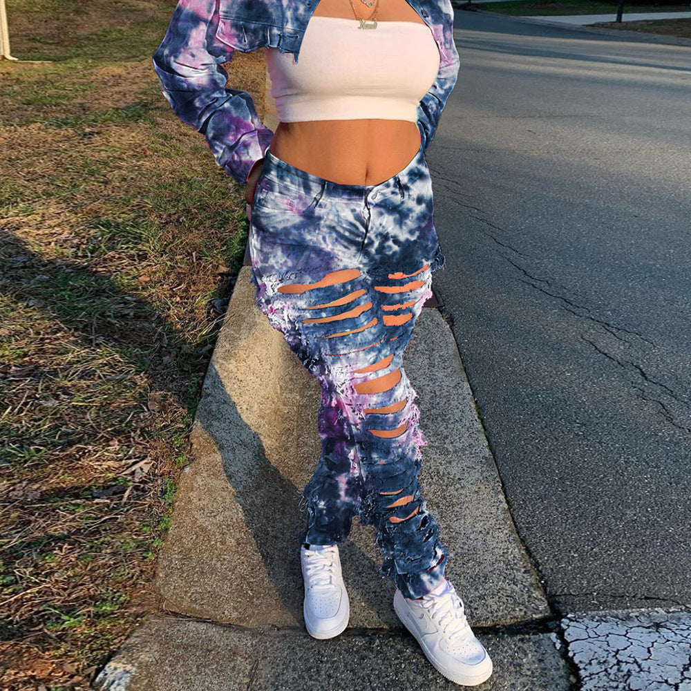 Straight-leg tie-dyed denim trousers