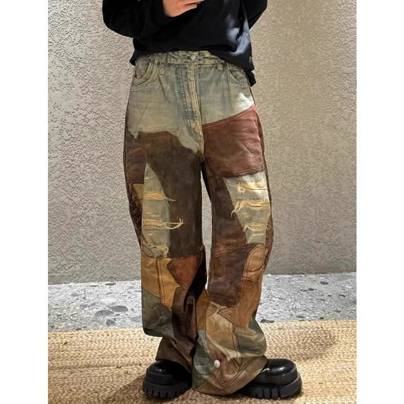 Straight Leg Washed Denim Pants with Digital Print