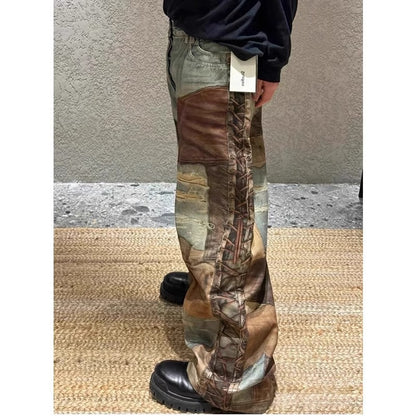 Straight Leg Washed Denim Pants with Digital Print
