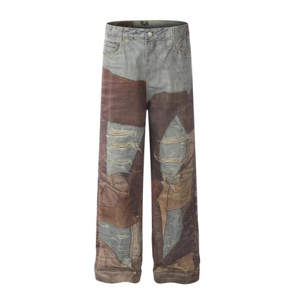 Straight Leg Washed Denim Pants with Digital Print