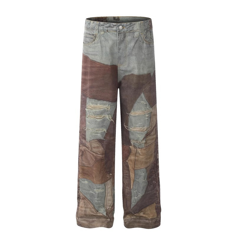 Straight Leg Washed Denim Pants with Digital Print