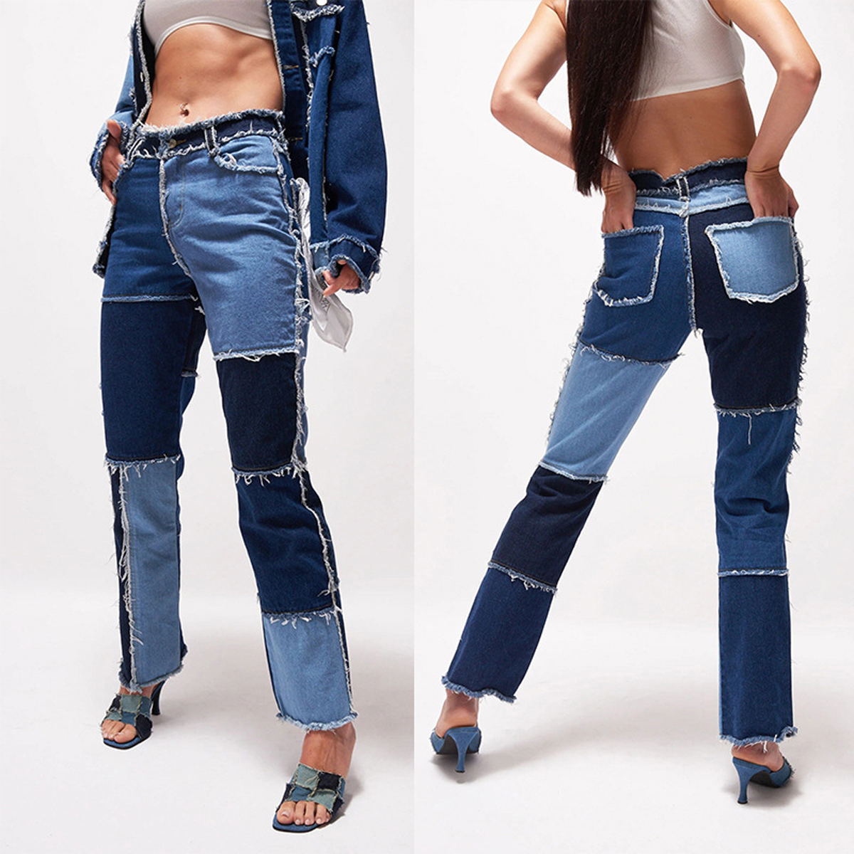 Straight-leg women's pants with solid-color pocket patchwork