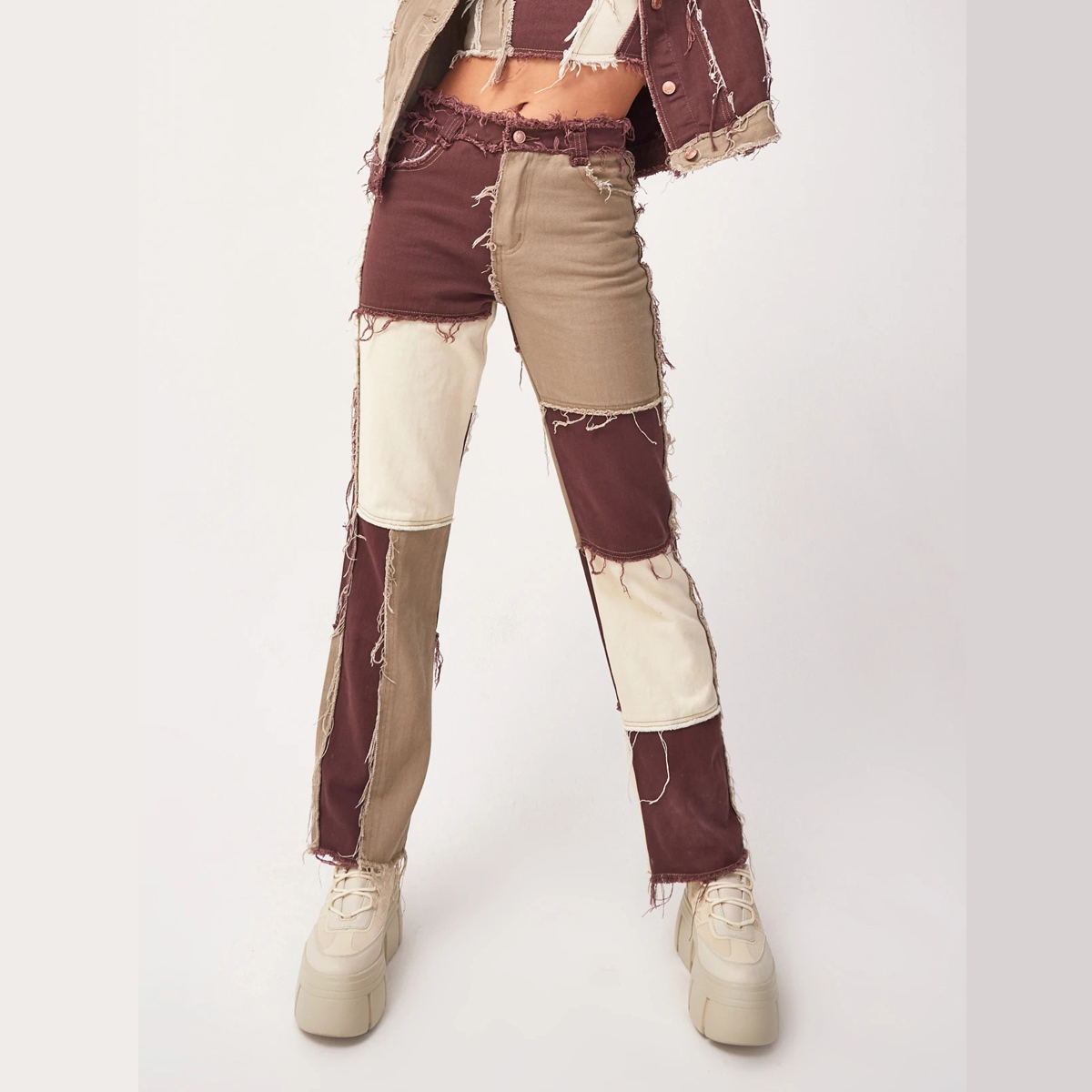 Straight-leg women's pants with solid-color pocket patchwork
