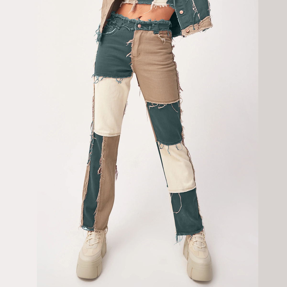 Straight-leg women's pants with solid-color pocket patchwork