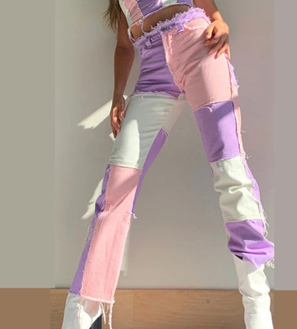 Straight-leg women's pants with solid-color pocket patchwork