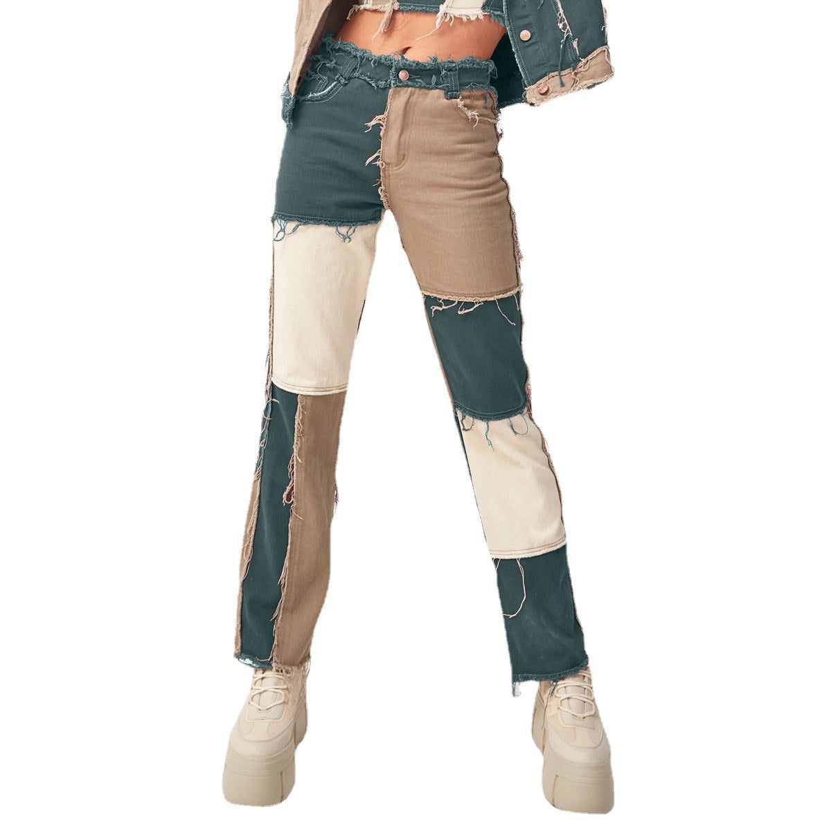 Straight-leg women's pants with solid-color pocket patchwork