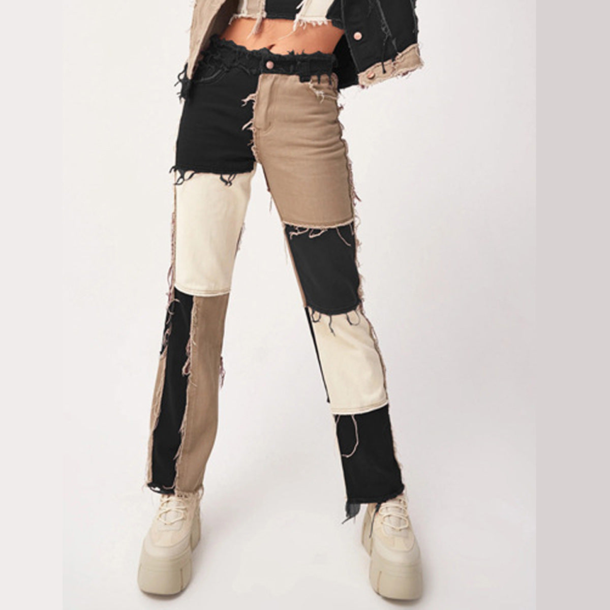 Straight-leg women's pants with solid-color pocket patchwork