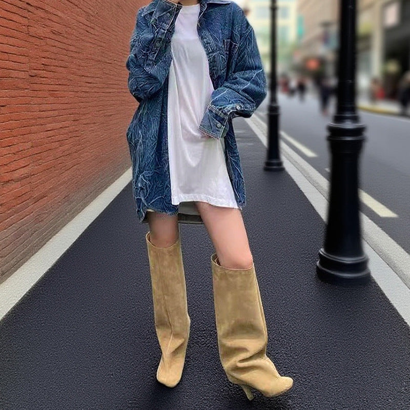 Straight Round-Toe High Shaft Women's Suede Boots