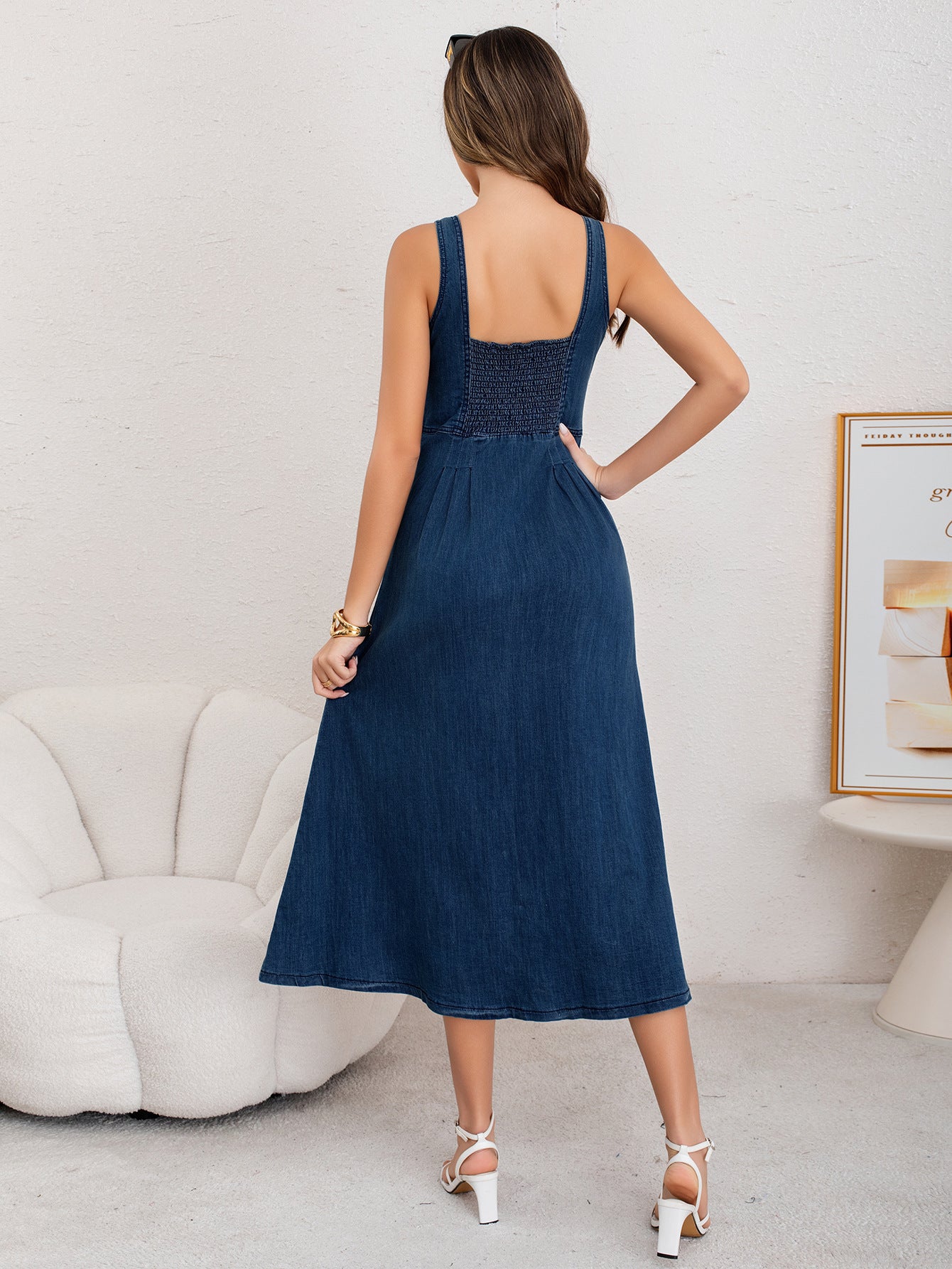 Strap Denim Dress with Buttons