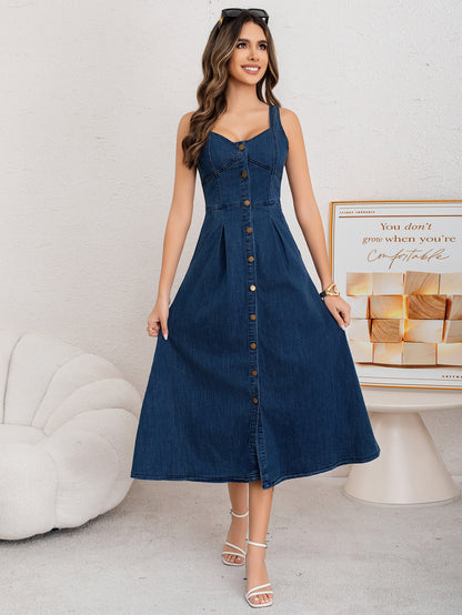 Strap Denim Dress with Buttons