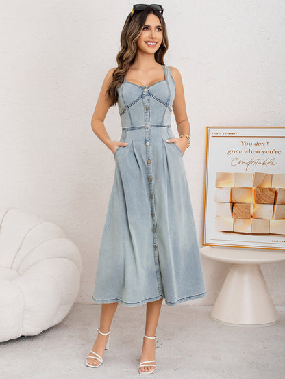 Strap Denim Dress with Buttons