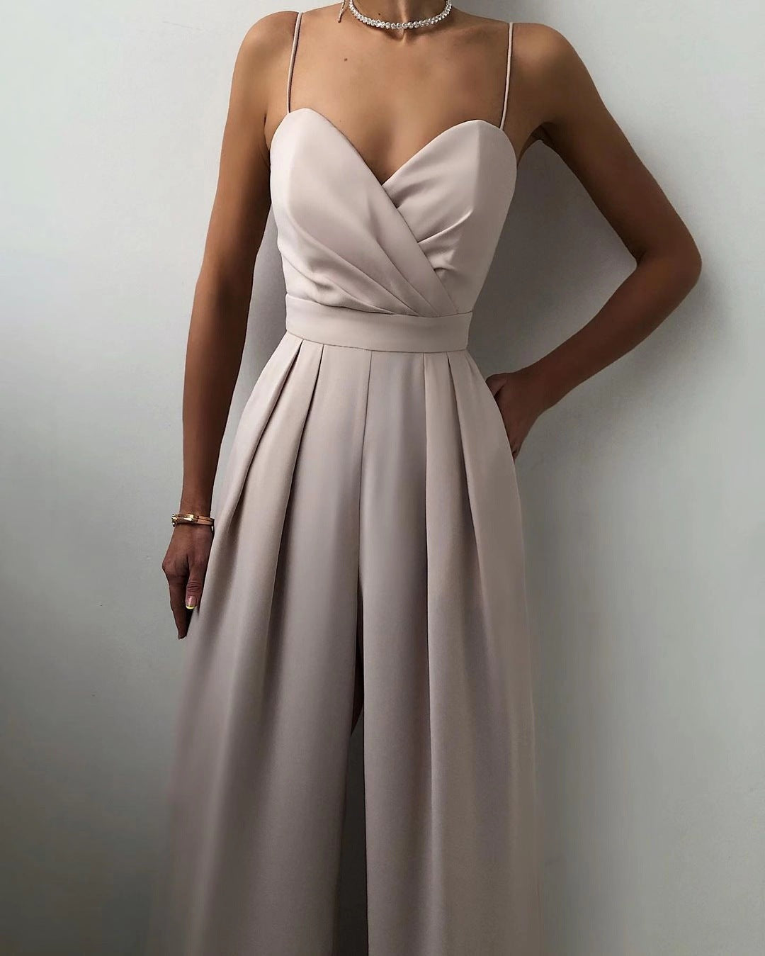 Strap-waist straight-cut one-piece pants