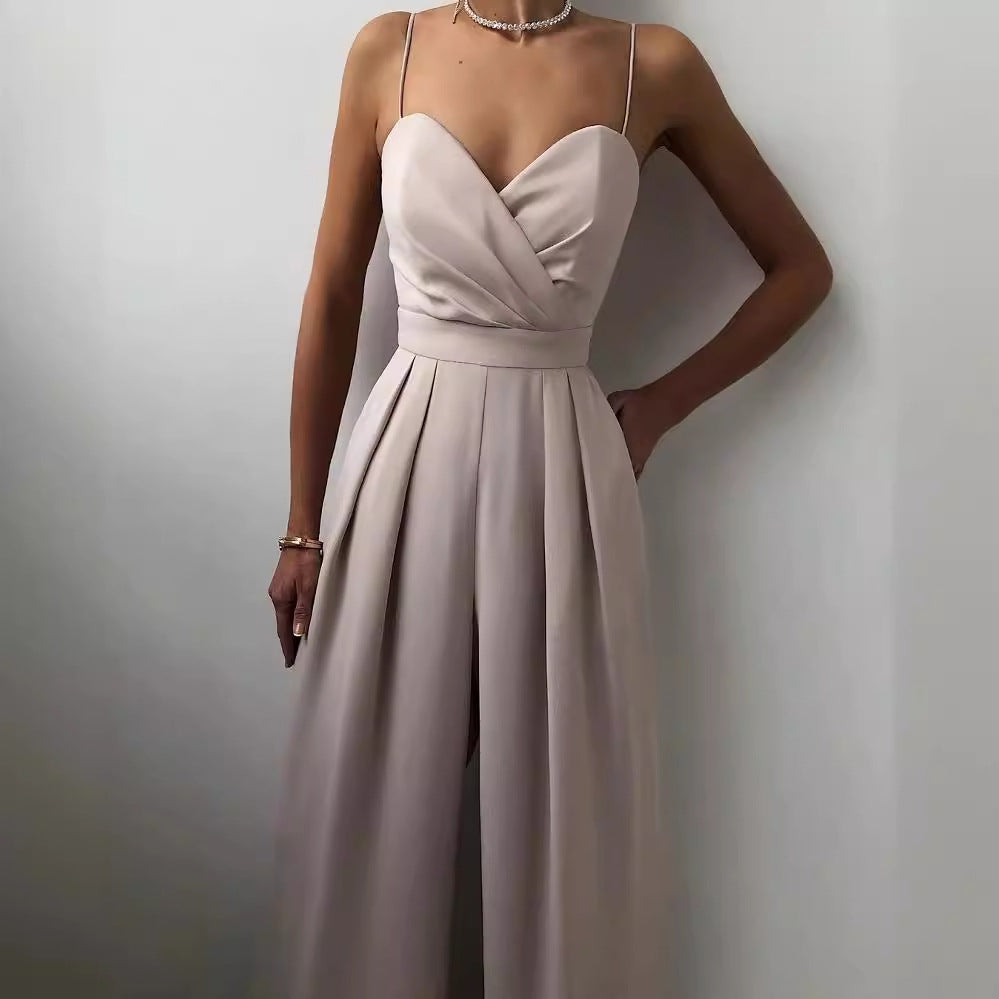 Strap-waist straight-cut one-piece pants