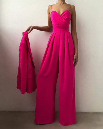 Strap-waist straight-cut one-piece pants
