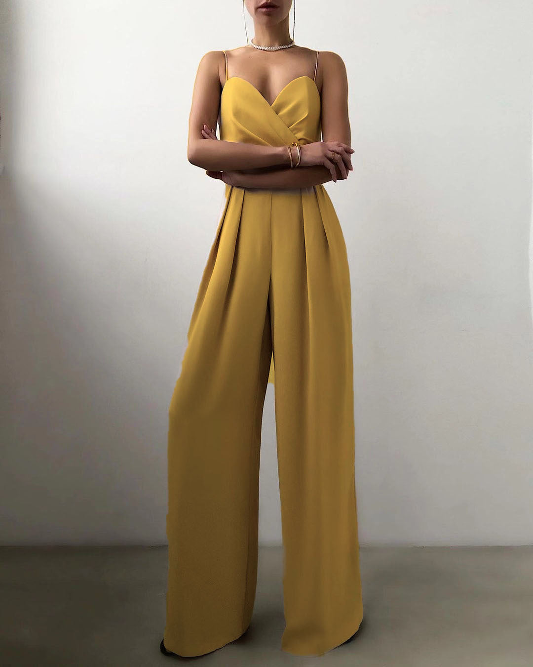 Strap-waist straight-cut one-piece pants