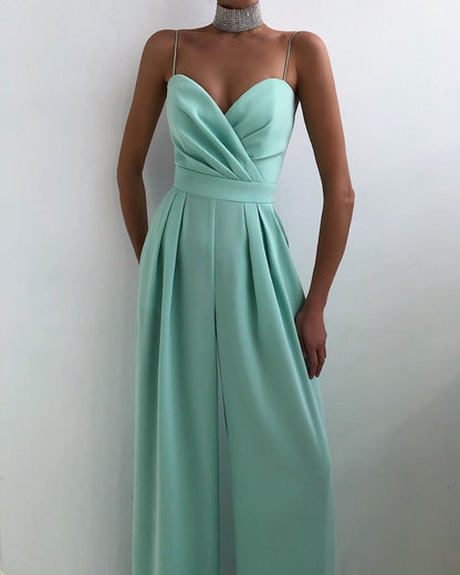 Strap-waist straight-cut one-piece pants