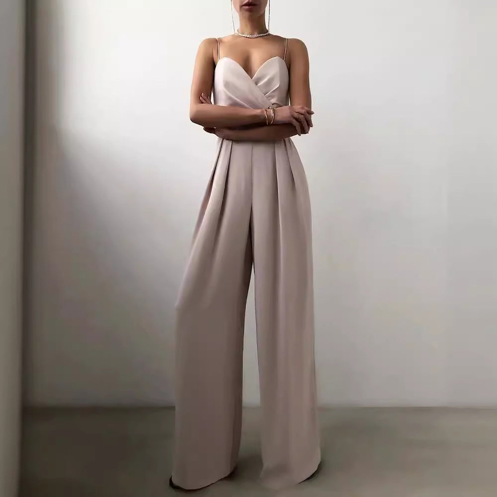 Strap-waist straight-cut one-piece pants