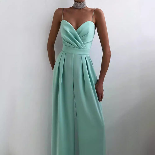 Strap-waist straight-cut one-piece pants