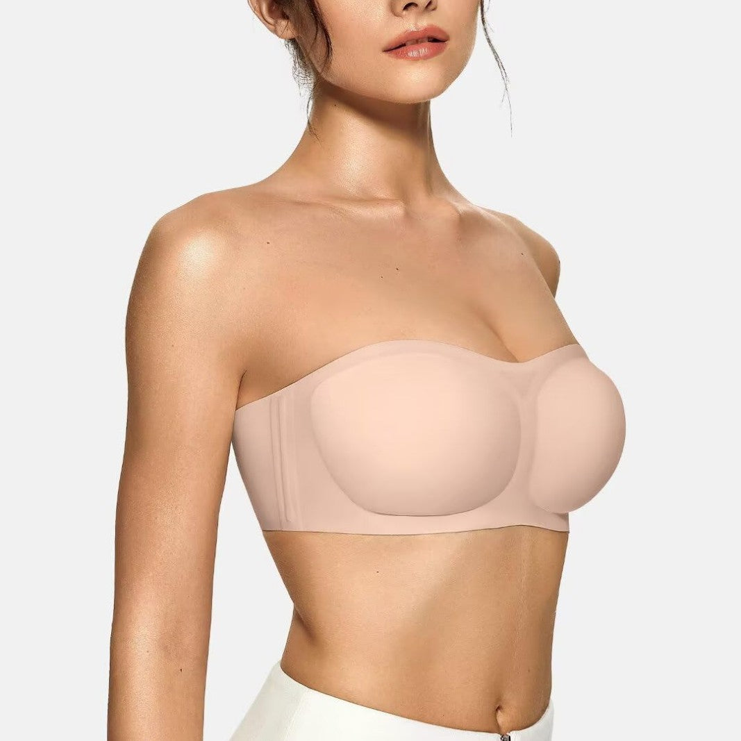 Strapless bra with jelly-shaped adjustable cups for a modest coverage.