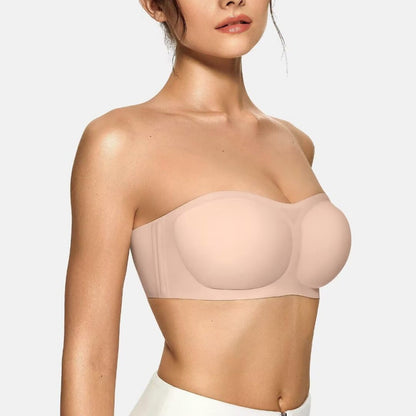 Strapless bra with jelly-shaped adjustable cups for a modest coverage.