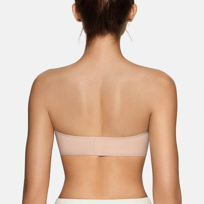 Strapless bra with jelly-shaped adjustable cups for a modest coverage.