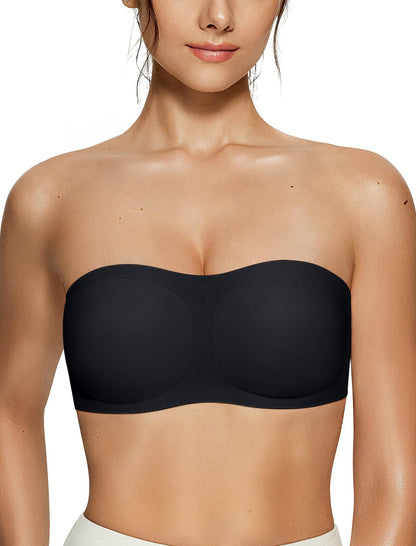 Strapless bra with jelly-shaped adjustable cups for a modest coverage.