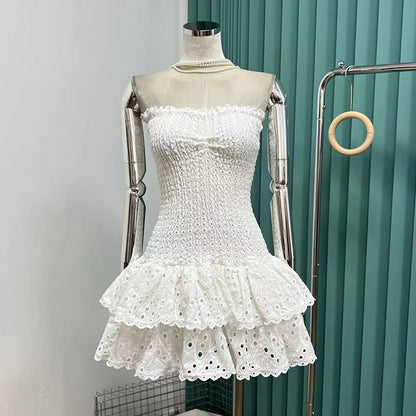 Strapless embroidered open-work dress