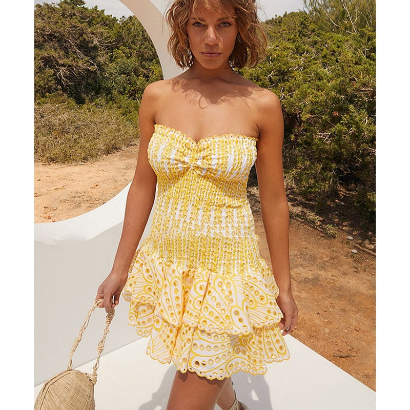 Strapless embroidered open-work dress