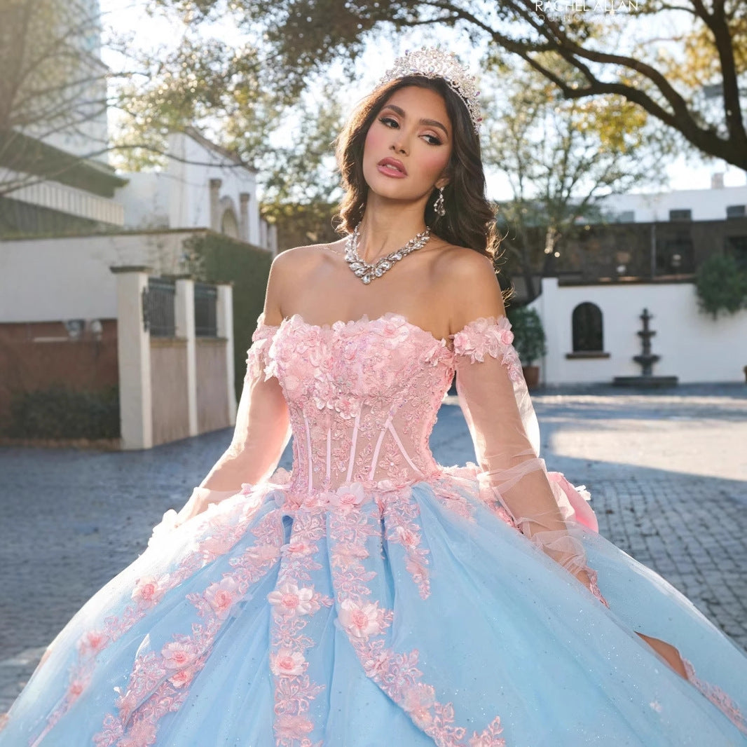 Strapless Evening Dress with 3D Flowers and Back Bow