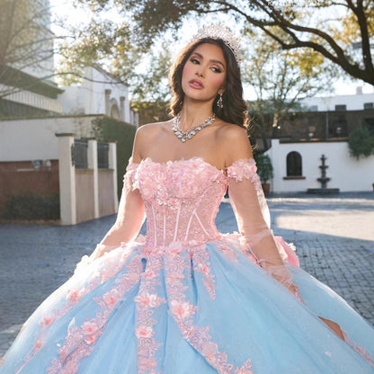 Strapless Evening Dress with 3D Flowers and Back Bow