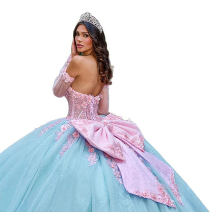 Strapless Evening Dress with 3D Flowers and Back Bow