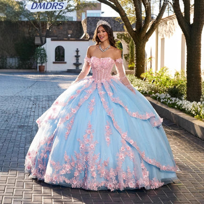 Strapless Evening Dress with 3D Flowers and Back Bow