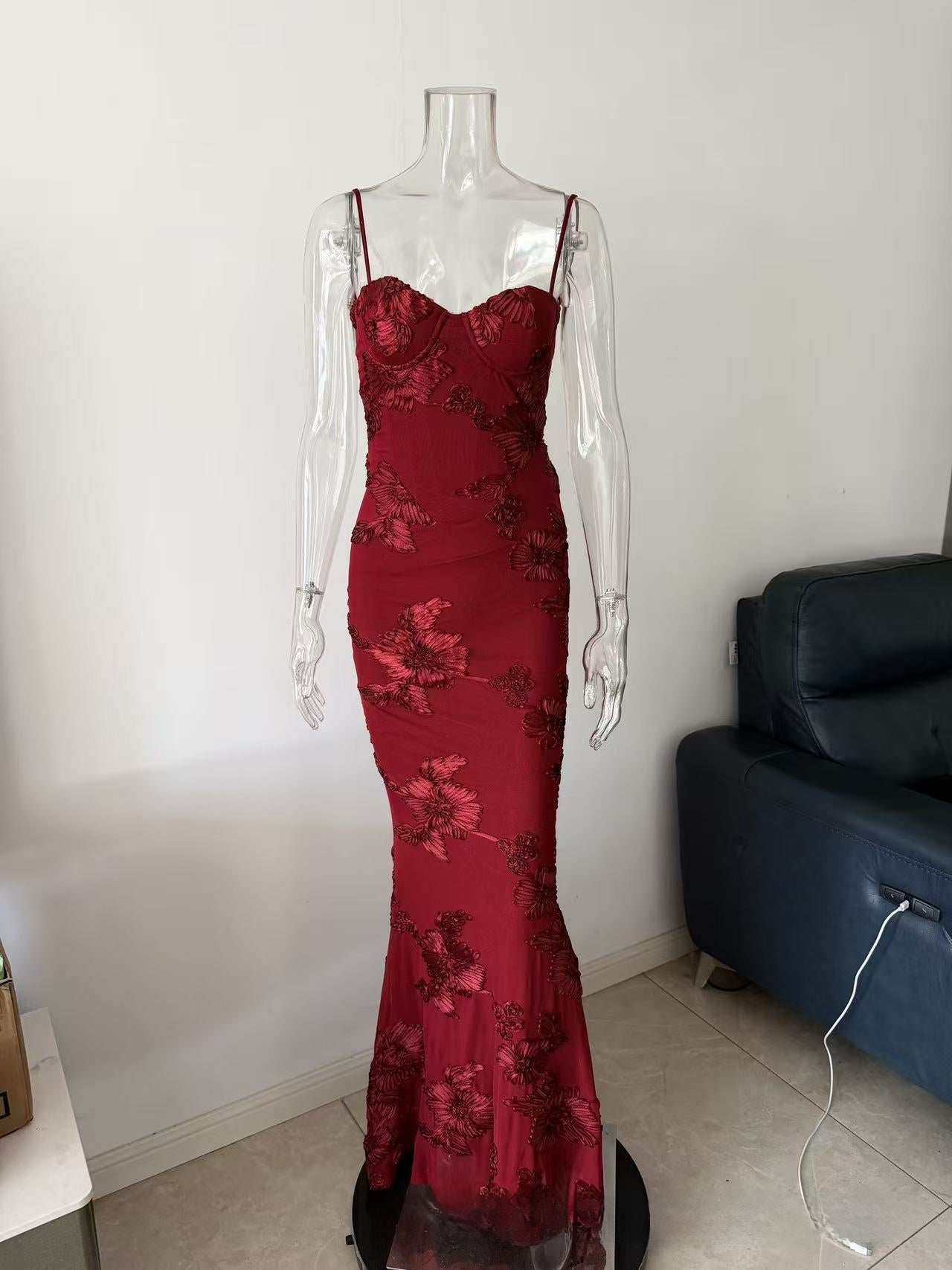 Strapless Floral Embroidery Mermaid Dress