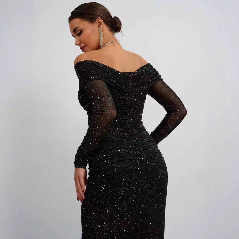 Strapless long-sleeved chiffon long dress