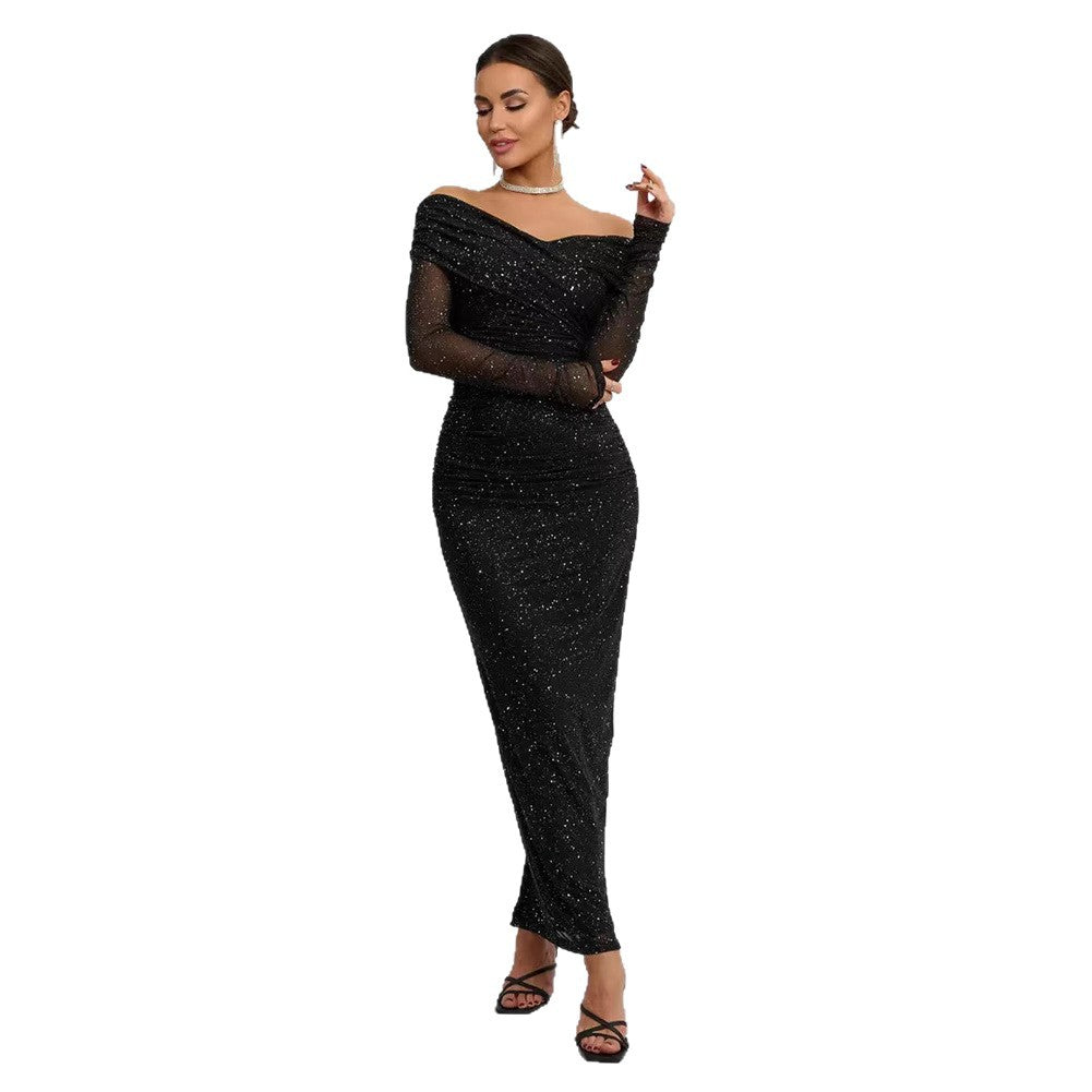 Strapless long-sleeved chiffon long dress