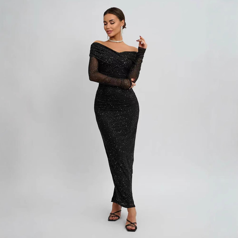 Strapless long-sleeved chiffon long dress