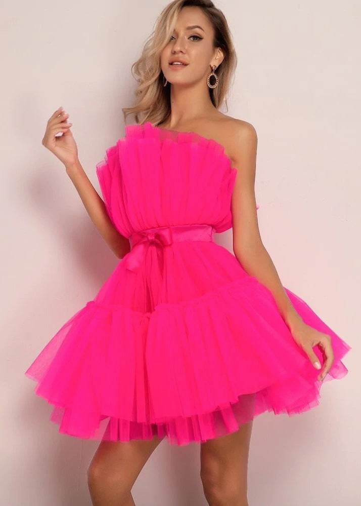 Strapless netted ballgown with bow details and puff sleeves
