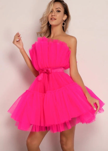 Strapless netted ballgown with bow details and puff sleeves