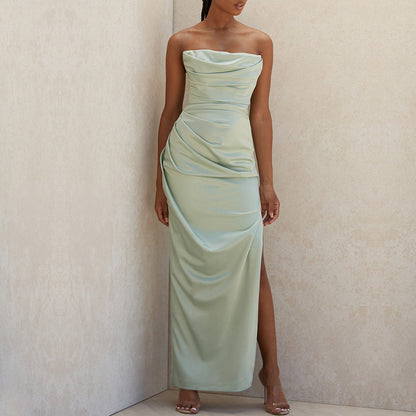 Strapless sleeveless solid-color slit dress